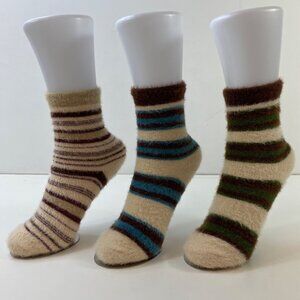 Womens Striped Fuzzy Crew Socks Set Of 3 Beige Blue Brown Green